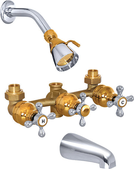 Mezcladora de metal 3 manijas cruceta cromo oro para ducha y arteza