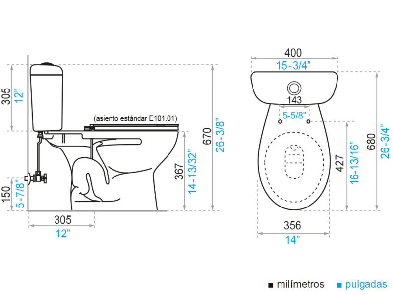 Sanitario Milán con botón de descarga simple